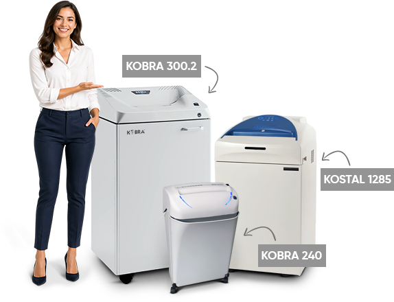 Modelos de fragmentadoras disponíveis para locação: Kobra 240, Kobra 300.2 e Kostal 1285